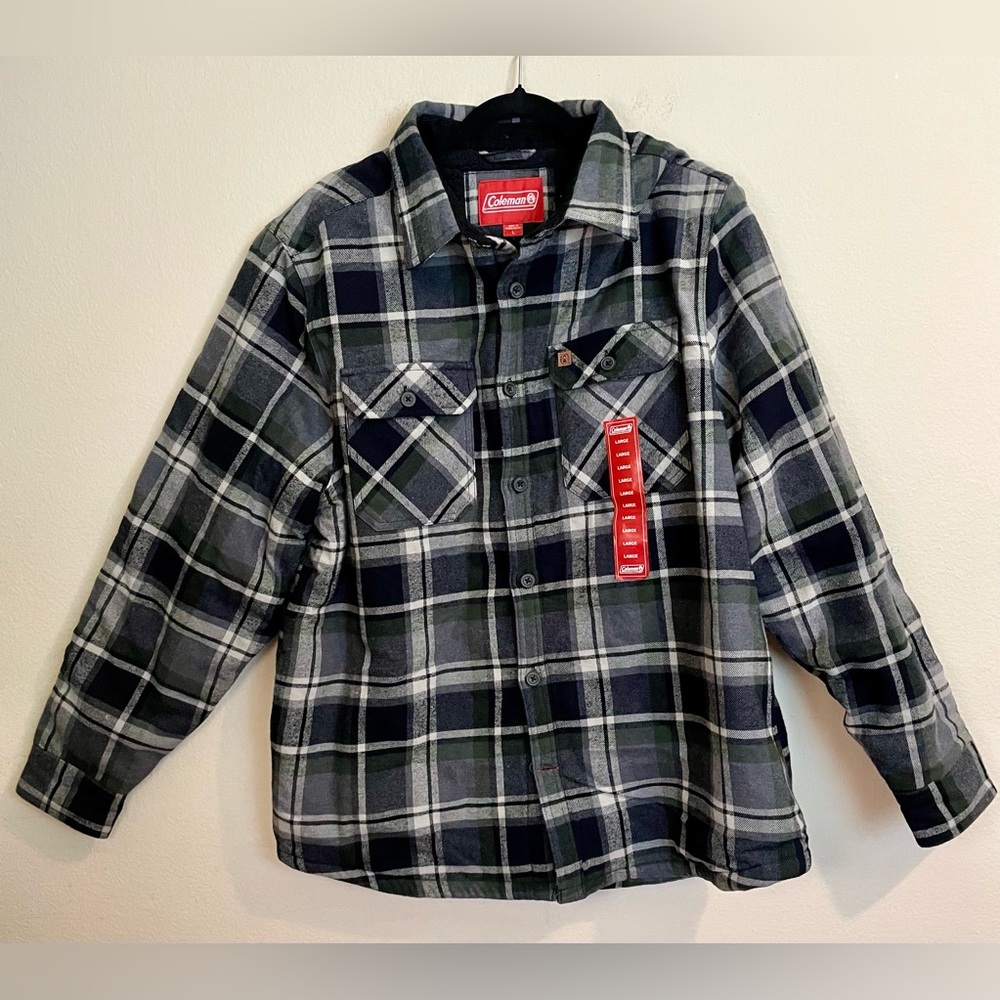 BRAND NEW Coleman Fur Lined Plaid Gray/Olive Flannel Size L Men